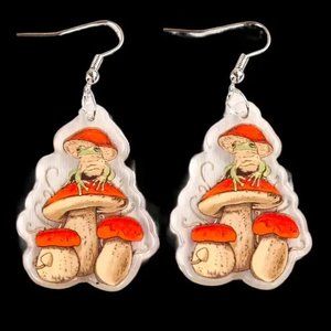 Frog Mushroom Earrings Dangle Alice Wonderland Fun Whimsical Wonderland Trippy